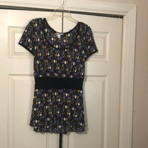 Multi Colored Ribbed Top Black white purple mustard and green circles